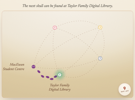 The living campus map, marking a found stop and tracing footsteps toward the next